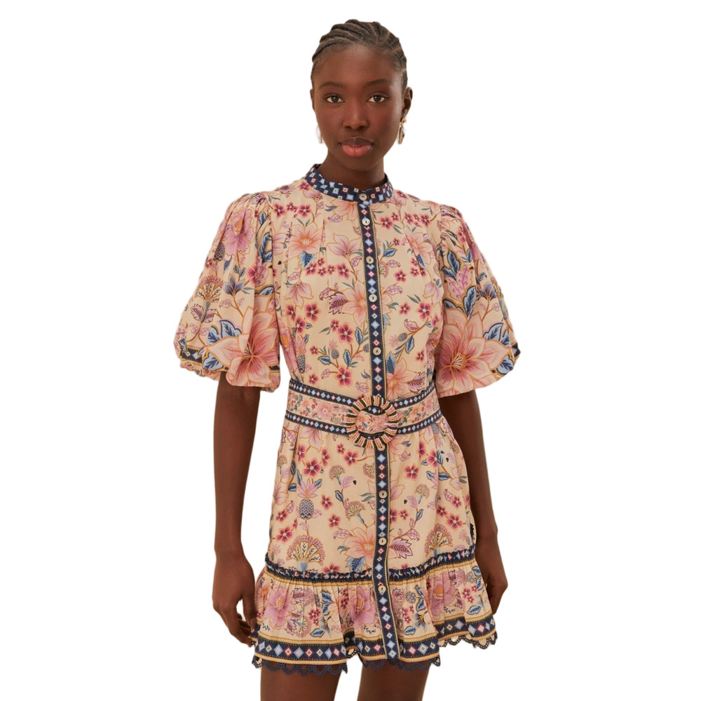 NWT FARM RIO Cream Superbloom Boho Floral Tapestry Puff Sleeve Ruffle Mini Dress